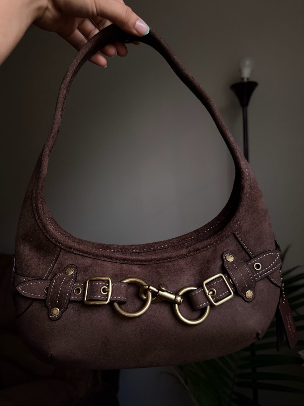 Coach Brown Suede Shoulder Bag with Brass Hardware